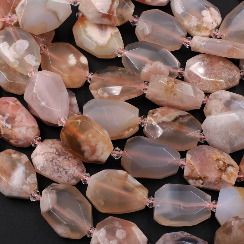 Large Natural Cherry Blossom Agate Faceted Free Form Oval Beads Pastel Pink Peach Gemstone Focal Pendant 16" Strand