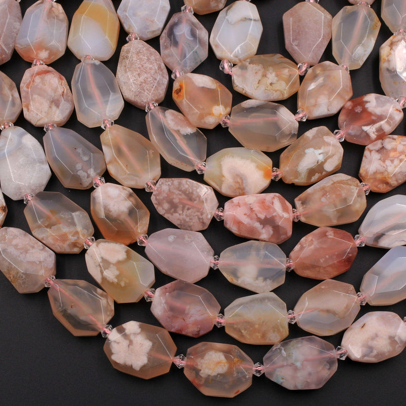 Large Natural Cherry Blossom Agate Faceted Free Form Oval Beads Pastel Pink Peach Gemstone Focal Pendant 16" Strand