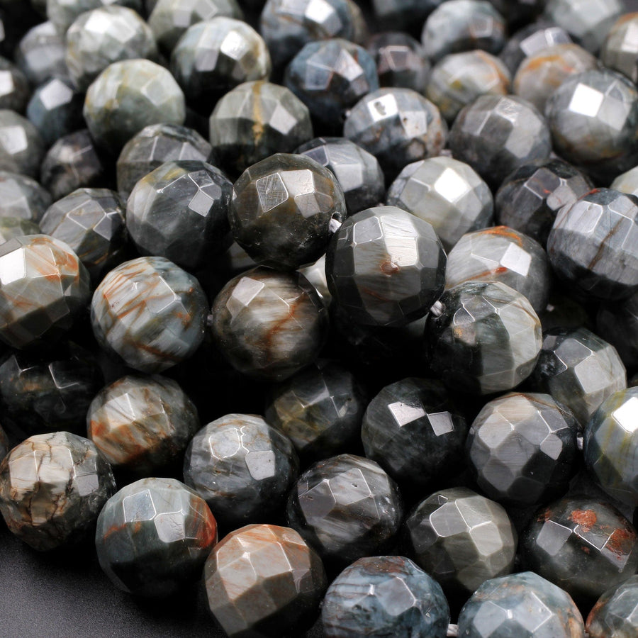 Faceted Natural Eagle Eye 12mm Round Beads Natural Chatoyant Silvery Grey Slate High Quality Gemstone 16" Strand