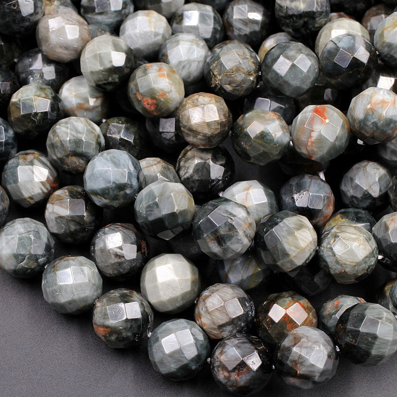 Faceted Natural Eagle Eye 12mm Round Beads Natural Chatoyant Silvery Grey Slate High Quality Gemstone 16" Strand