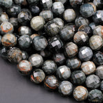 Faceted Natural Eagle Eye 12mm Round Beads Natural Chatoyant Silvery Grey Slate High Quality Gemstone 16" Strand