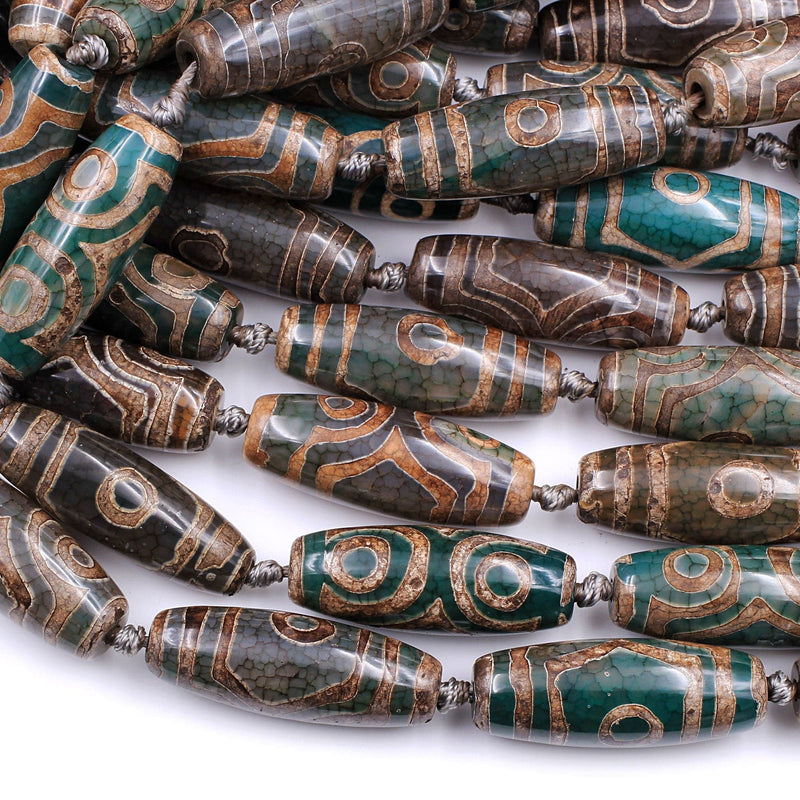 Large Tibetan Agate Barrel Drum Cylinder Tube 40mm Beads Dzi Agate Serene Green Brown Etched Eye Antique Boho Beads 16" Strand