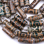 Large Tibetan Agate Barrel Drum Cylinder Tube 30mm Beads Dzi Agate Serene Green Brown Etched Eye Antique Boho Beads 16" Strand