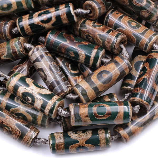 Large Tibetan Agate Barrel Drum Cylinder Tube 30mm Beads Dzi Agate Serene Green Brown Etched Eye Antique Boho Beads 16" Strand