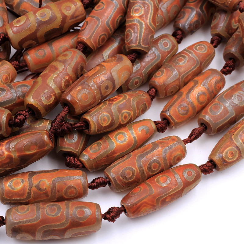 Large Tibetan Agate Barrel Drum Cylinder Tube 30mm Beads Dzi Agate Brown Etched Eye Antique Boho Beads 16" Strand