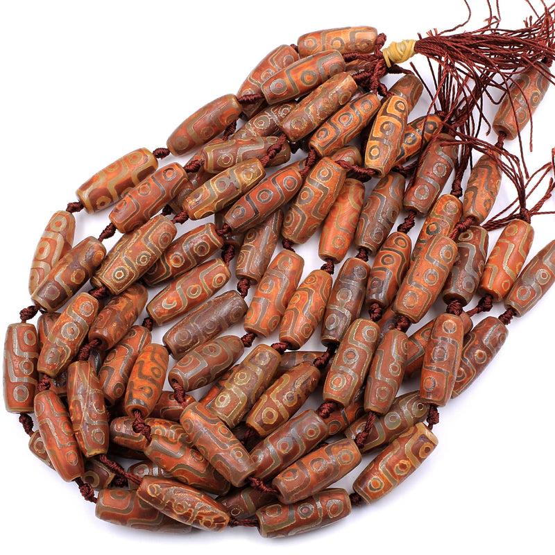 Large Tibetan Agate Barrel Drum Cylinder Tube 30mm Beads Dzi Agate Brown Etched Eye Antique Boho Beads 16" Strand