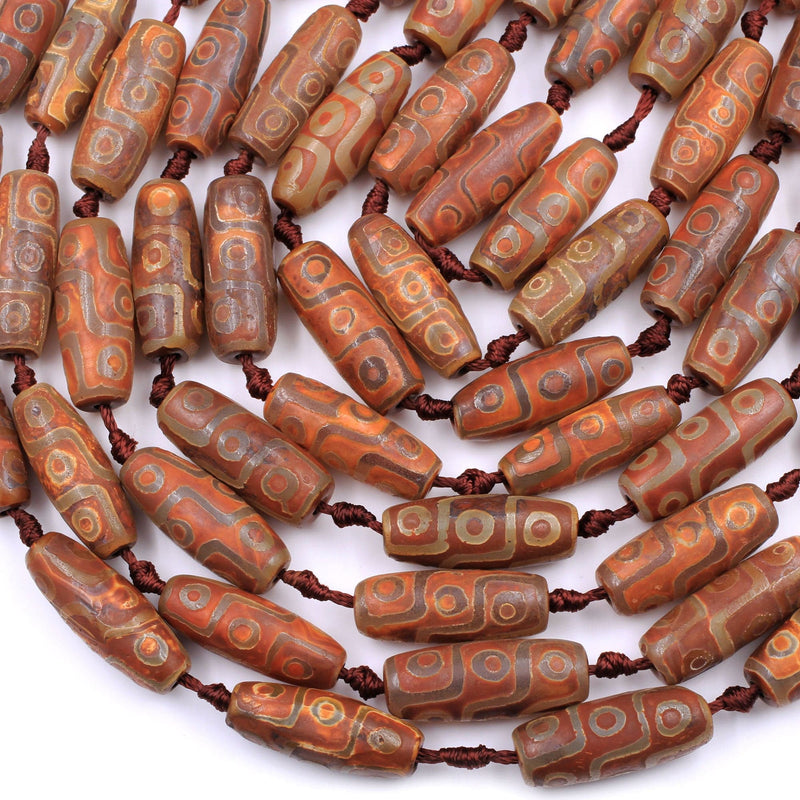 Large Tibetan Agate Barrel Drum Cylinder Tube 30mm Beads Dzi Agate Brown Etched Eye Antique Boho Beads 16" Strand