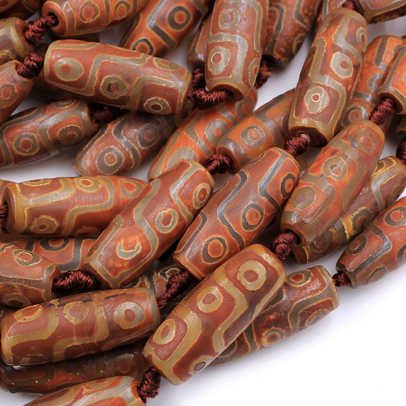Large Tibetan Agate Barrel Drum Cylinder Tube 30mm Beads Dzi Agate Brown Etched Eye Antique Boho Beads 16" Strand