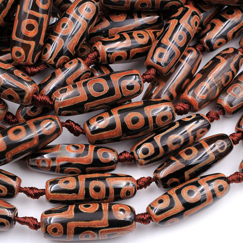 Large Tibetan Agate Barrel Drum Cylinder Tube 30mm Beads Dzi Agate Black Orange Brown Etched Eye Antique Boho Beads 16" Strand