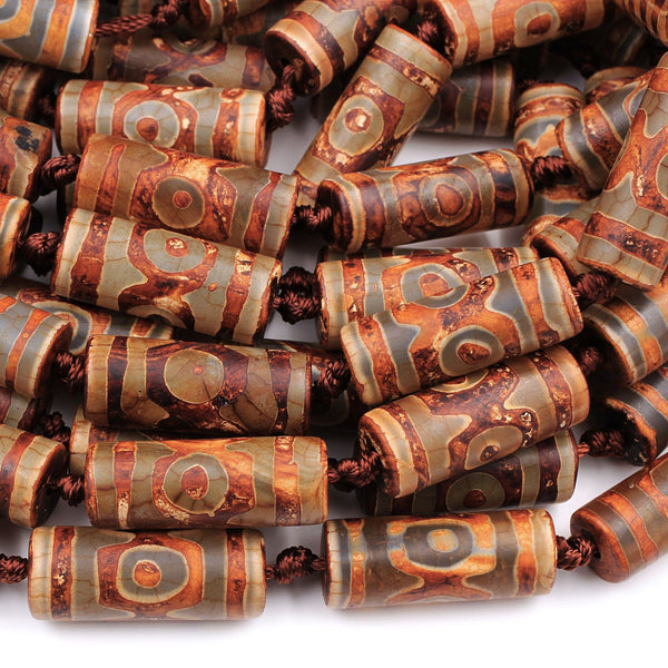 Large Tibetan Agate Cylinder Tube 30mm Beads Dzi Agate Brown Etched Eye Antique Boho Beads 16" Strand