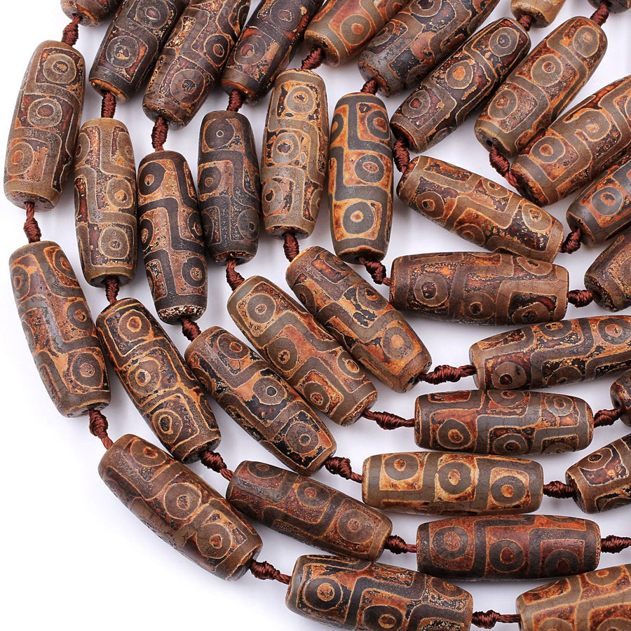 Large Tibetan Agate Barrel Drum Cylinder Tube 40mm Beads Dzi Agate Brown Etched Eye Antique Boho Beads 16" Strand