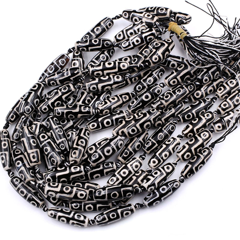 Large Tibetan Agate Barrel Drum Tube 30mm Beads Dzi Agate Black White Etched Eye Antique Boho Beads 16" Strand