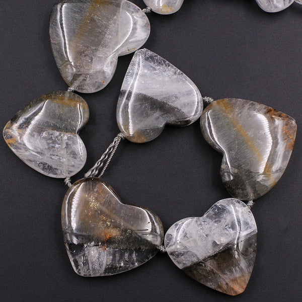 Rare Natural Cacoxenite in Quartz Beads Magnificent Large Heart Shaped Focal Pendant Top Side Drilled Gemstone 10" Strand