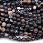 Matte Natural Black Sardonyx Agate 8mm Round Beads AA Grade Amazing Eyes Bands Veins Antique Boho Mala Beads 16" Strand