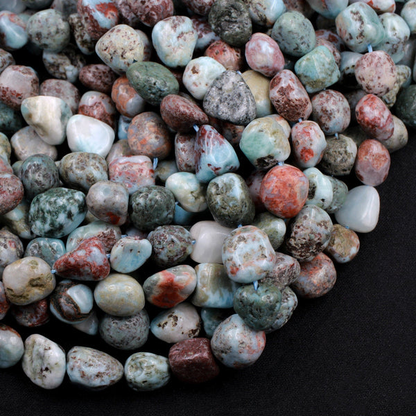 Natural Blue Larimar Beads Rounded Pebble Freeform Nugget Beads Red Iron Matrix Gemstone From Dominican Republic 16" Strand