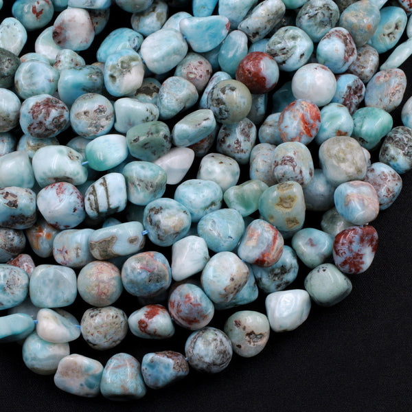 Natural Blue Larimar Beads Rounded Pebble Freeform Nuggets Gorgeous Blue Red Matrix Gemstone From Dominican Republic 16" Strand