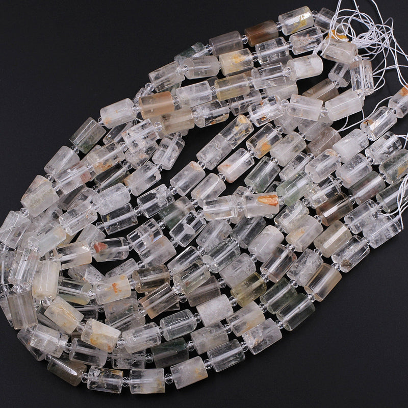 Natural Phantom Quartz Faceted Barrel Tube Nugget Beads Green Golden Matrix in Clear Crystal Quartz Rutile 16" Strand