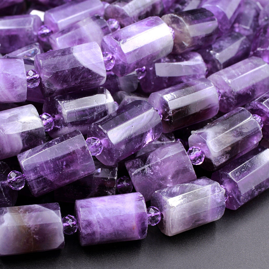 Faceted Natural Amethyst Tube Cylinder Beads Rich Purple Gemstone Beads 16" Strand