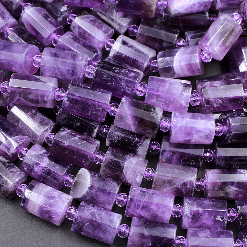 Faceted Natural Amethyst Tube Cylinder Beads Rich Purple Gemstone Beads 16" Strand