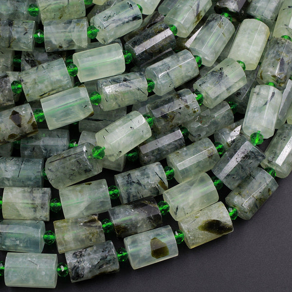 Natural Green Prehnite Faceted Tube Cylinder Barrel Beads 14x10mm 16" Strand
