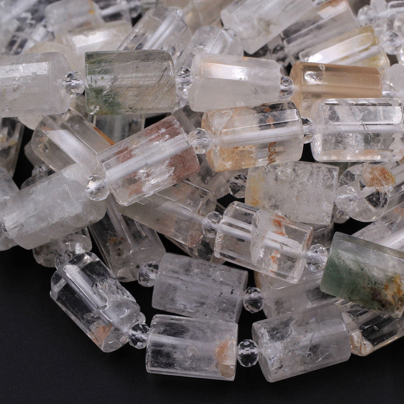 Natural Phantom Quartz Faceted Barrel Tube Nugget Beads Green Golden Matrix in Clear Crystal Quartz Rutile 16" Strand