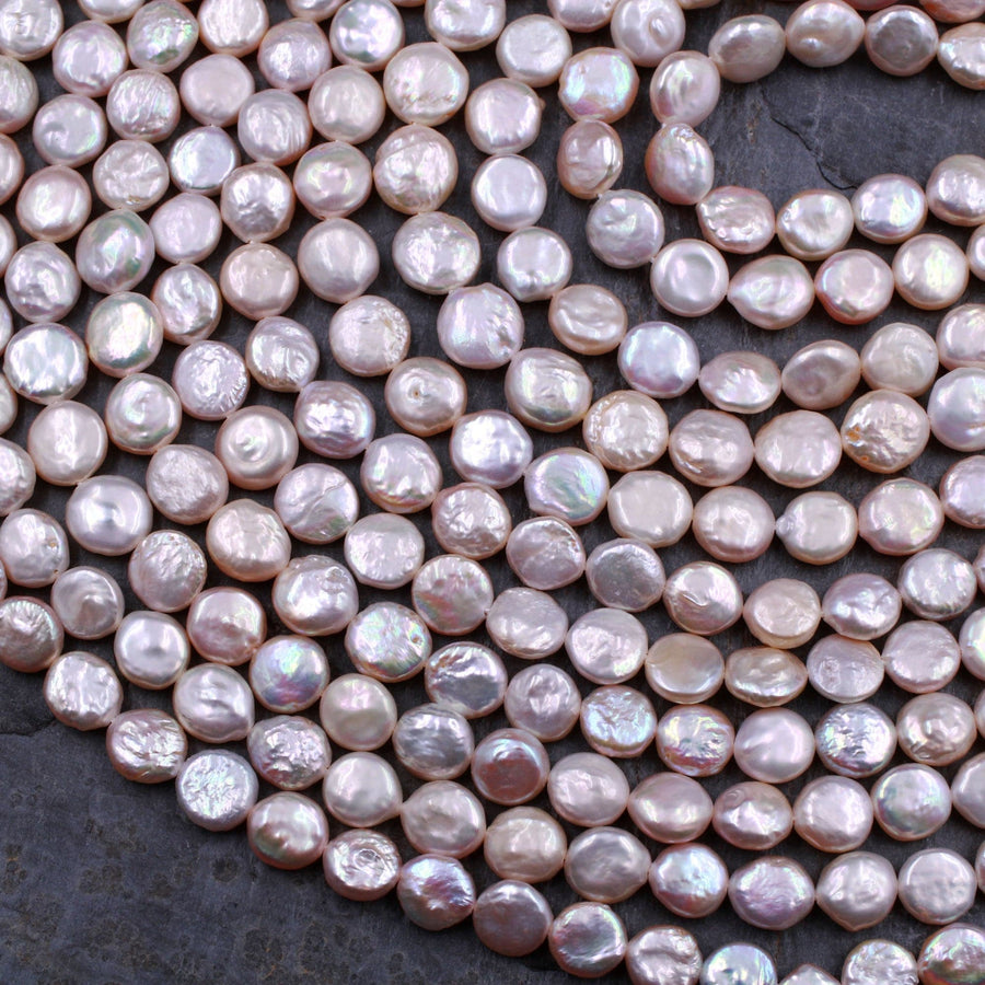 AAA Soft Baby Pink Coin Pearl 9mm Brilliant Nacre Real Genuine Natural Freshwater Pearl 16" Strand