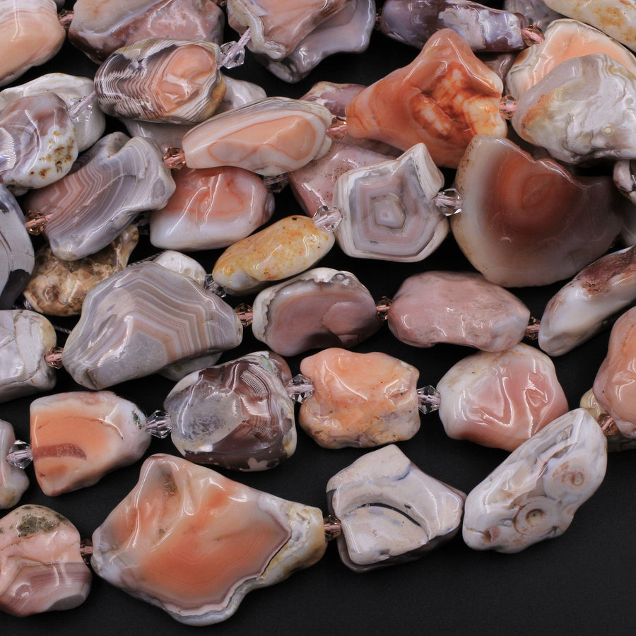 Rare Natural Pink Botswana Agate Beads Graduated Large Slice Slab Focal Pendant Freeform Unique Organic Irregular Geode Shape 16" Strand
