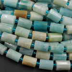 AAA Natural Amazonite Beads Blue Green Faceted Tube Barrel 14x10mm High Quality Designer Beads Full 16" Strand