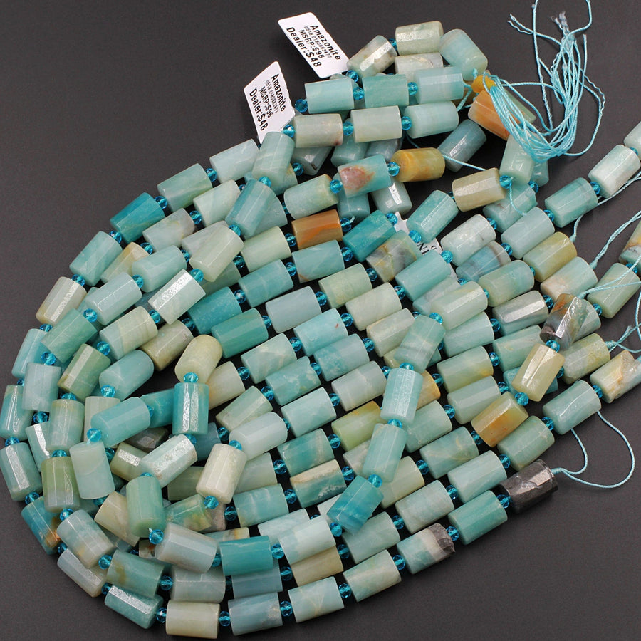 AAA Natural Amazonite Beads Blue Green Faceted Tube Barrel 14x10mm High Quality Designer Beads Full 16" Strand