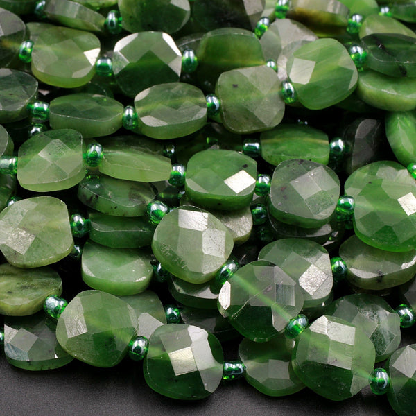 Natural Canadian Green Jade Faceted Square Coin Laser Diamond Cut Real Genuine Green Jade Sharp Facets Gemstone Beads 15.5" Strand