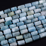 Matte Natural Aquamarine Faceted Tube Cylinder Rectangle Beads High Quality Blue Aquamarine Gemstone Full 16" Strand