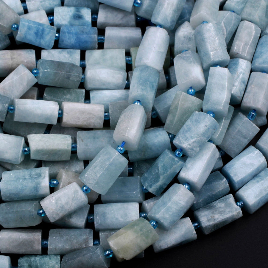 Matte Natural Aquamarine Faceted Tube Cylinder Rectangle Beads High Quality Blue Aquamarine Gemstone Full 16" Strand