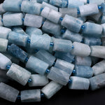 Matte Faceted Natural Blue Aquamarine Gemstone Tube Cylinder Beads 16&quot; Strand