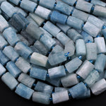 Matte Faceted Natural Blue Aquamarine Gemstone Tube Cylinder Beads 16&quot; Strand