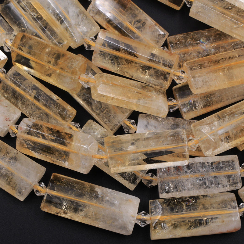 Natural Golden Citrine Faceted Long Flat Rectangle Center Drilled Beads Natural Orange Yellow Gemstone Birthstone Beads 16" Strand