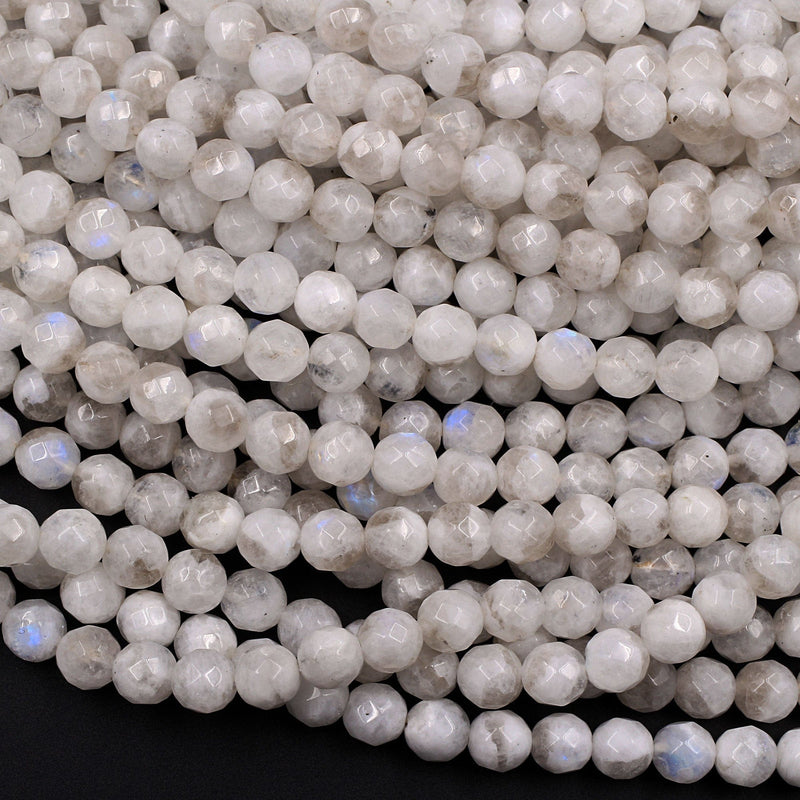 Faceted Natural Rainbow Moonstone 6mm 8mm 10mm Round Beads Blue Flashes W Interesting Smoky Quartz Matrix 16" Strand