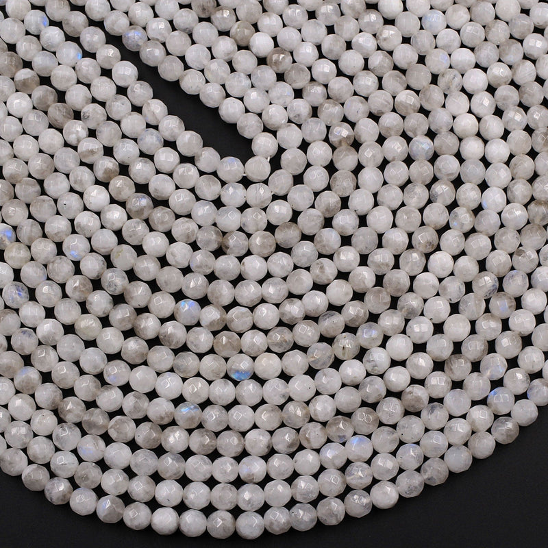 Faceted Natural Rainbow Moonstone 6mm 8mm 10mm Round Beads Blue Flashes W Interesting Smoky Quartz Matrix 16" Strand