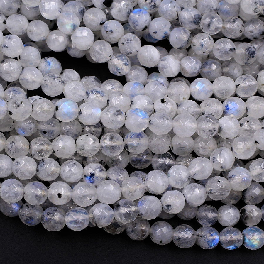Faceted Natural Blue Rainbow Moonstone 6mm Round Beads Blue Flash Black Moonstone 16" Strand
