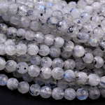 Faceted Natural Blue Rainbow Moonstone 6mm Round Beads Blue Flash Black Moonstone 16" Strand