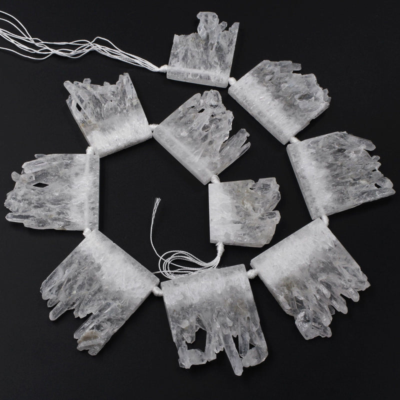 Large Drilled White Rock Quartz Slice Pendants Focal Beads Raw Natural Stalactite Rectangle Slab Side Drilled Gemstone 16" Strand