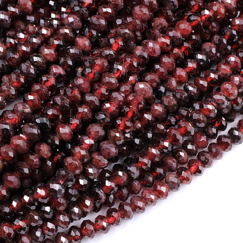 Faceted Natural Red Garnet Rondelle Beads 5mm Red Sparkle Diamond Cut Gemstone 15.5" Strand