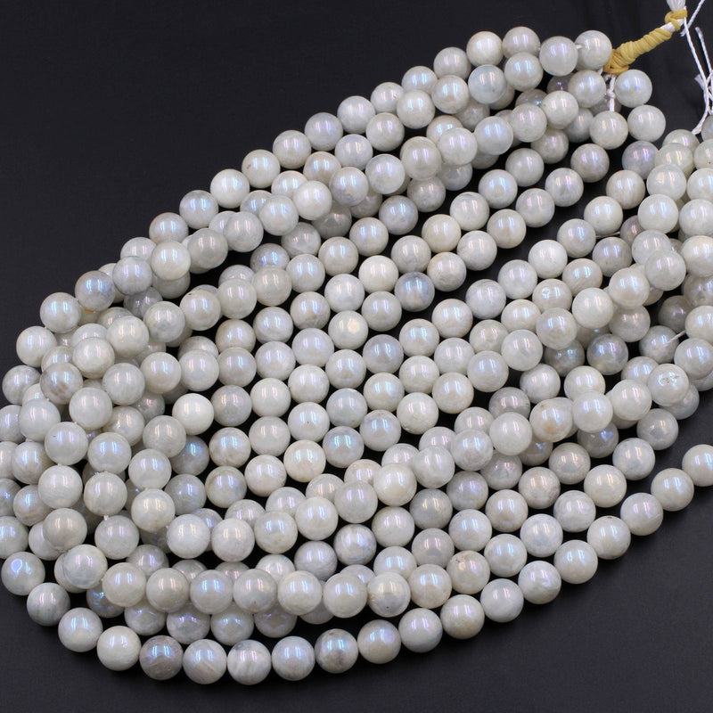 Mystic Rainbow Moonstone 10mm Round Beads Plated Silverite Coated Natural Gemstone 16" Strand