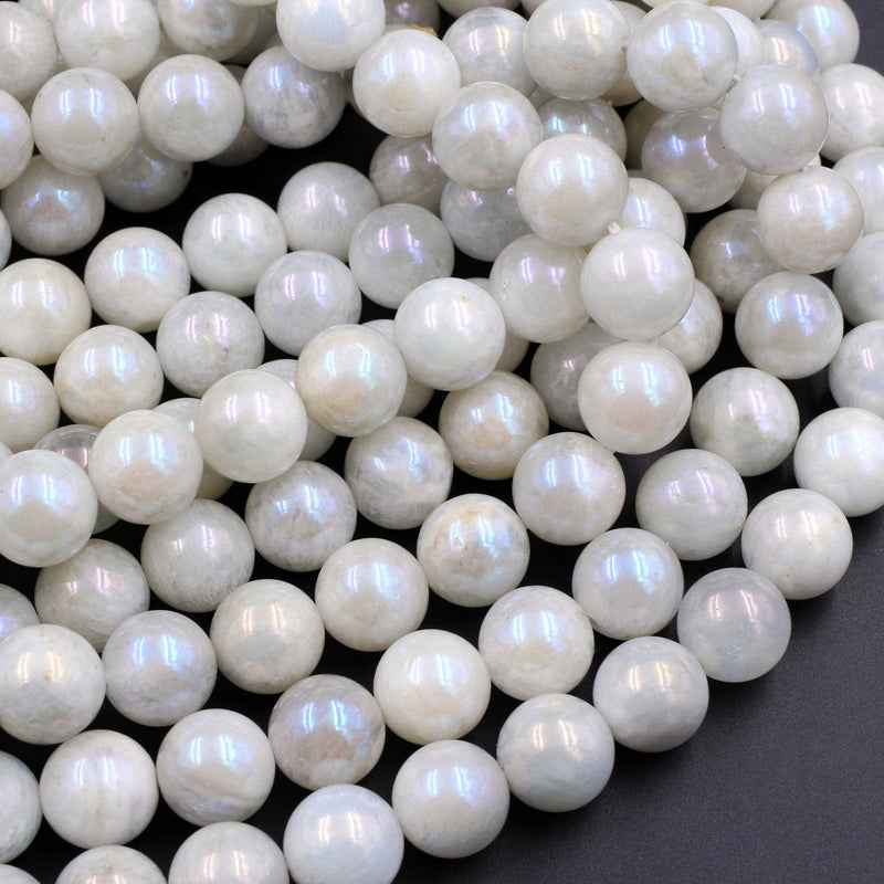 Mystic Rainbow Moonstone 10mm Round Beads Plated Silverite Coated Natural Gemstone 16" Strand