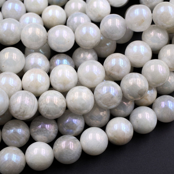Mystic Rainbow Moonstone 10mm Round Beads Plated Silverite Coated Natural Gemstone 16" Strand