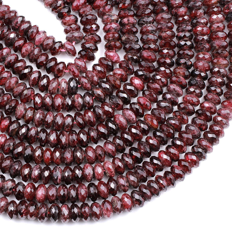 Faceted Natural Red Garnet Rondelle Beads 10mm Red Sparkle Diamond Cut Gemstone 16" Strand
