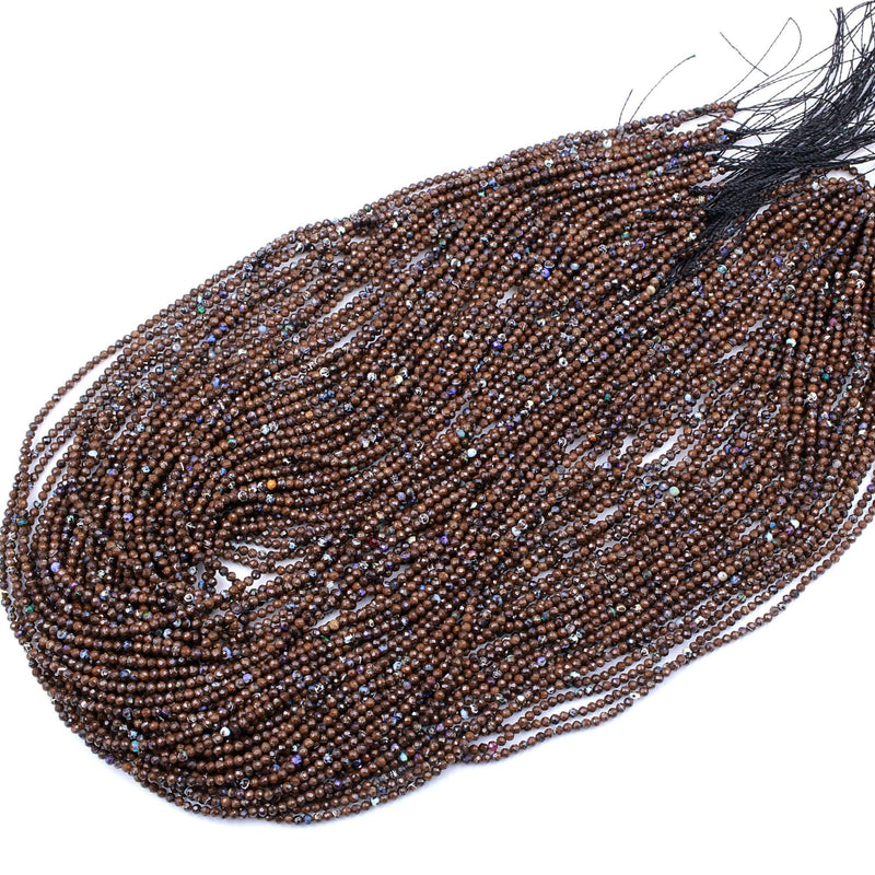 Natural Australian Boulder Opal Tiny Micro Faceted 2mm Round Beads Beautiful Flashy Opal Veins 16" Strand