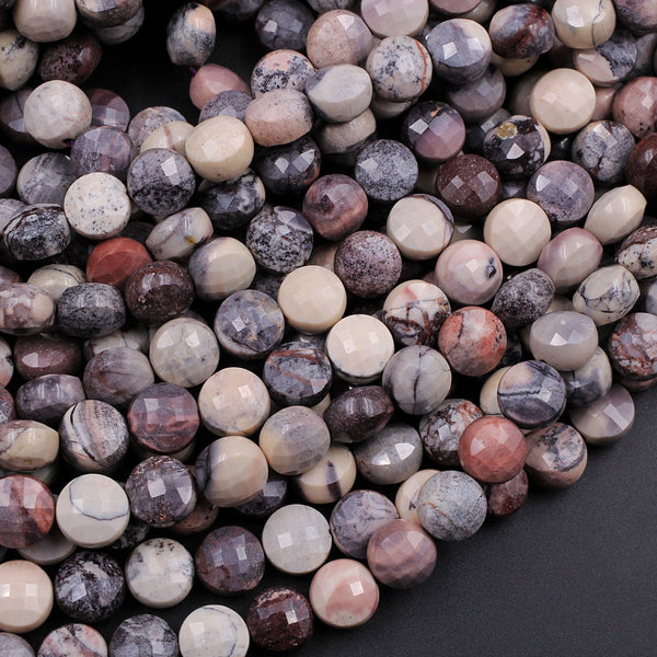 AAA Natural Porcelain Jasper Faceted Coin 8mm Beads Pink Cream Grey Mauve Purple Gemstone 16" Strand
