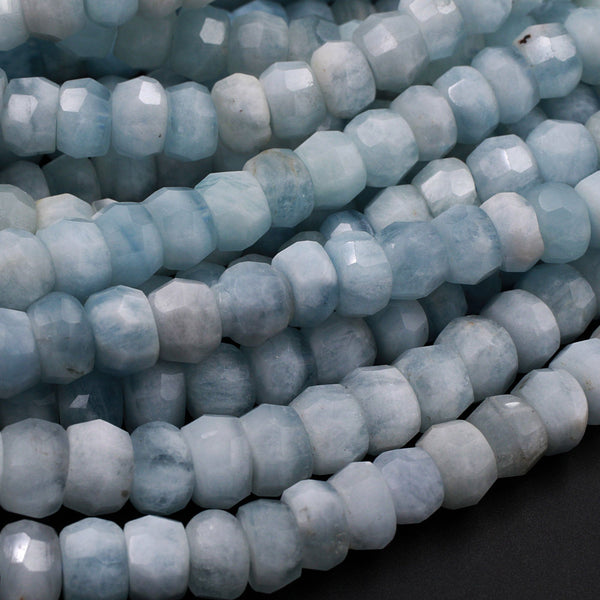 Natural Aquamarine Faceted Rondelle 8mm Beads Soft Blue Color Faceted Saucer Wheel Gemstone 16" Strand