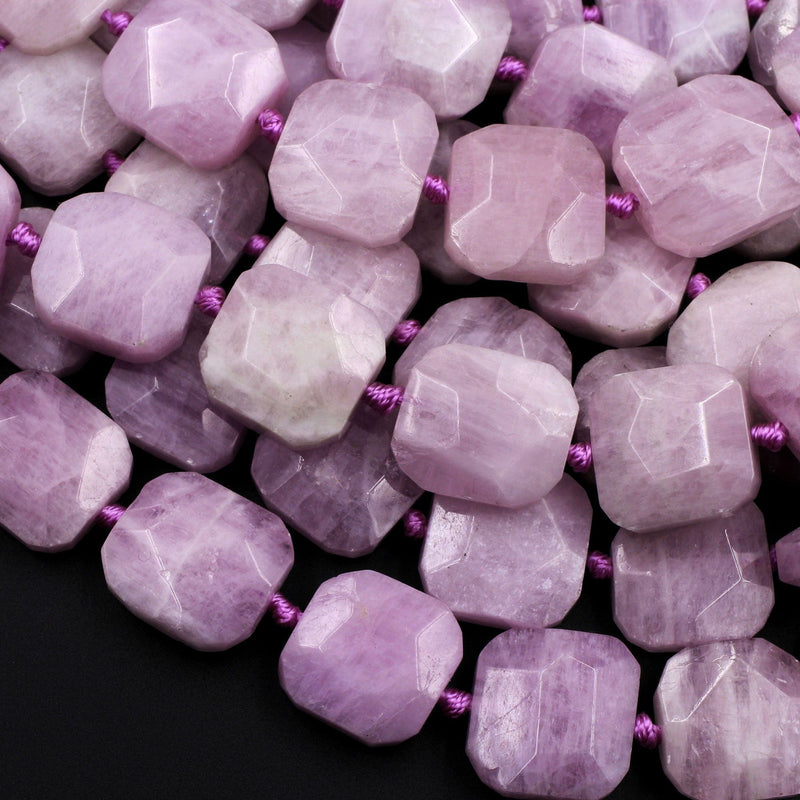 Faceted Natural Kunzite Square Octagon Cushion Beads Natural Pink Violet Purple Gemstone 16" Strand