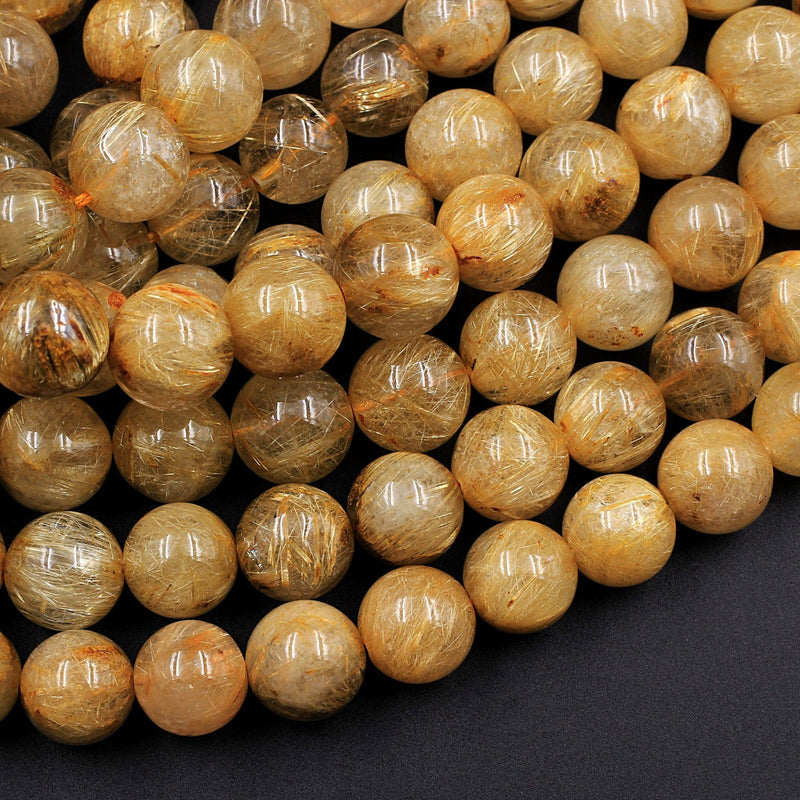 Natural Golden Rutile Quartz 10mm Round Gold Yellow Rutilated Quartz Beads Tons of Sharp Rutile Hair Needle 16" Strand